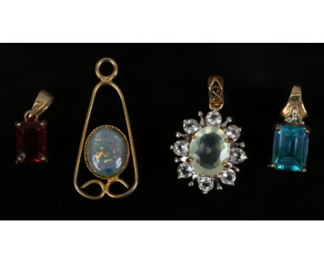 A 9ct gold citrine and white paste cluster pendant and three yellow metal pendants including coloured gem set and opal double