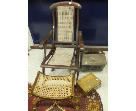 A Victorian caned folding campaign chair, a caned stool, rosewood and mother of pearl inlaid jewellery casket and an Oriental