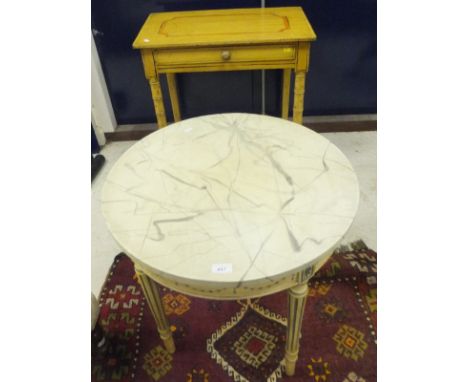 A Victorian painted pine single drawer side table on bobbin turned front supports and a painted circular occasional table wit