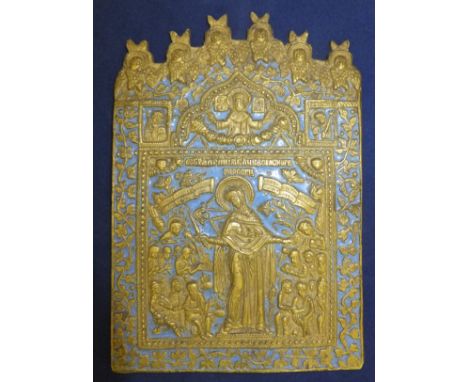 A Russian cast brass and enamel decorated icon plaque