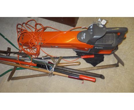 A Flymo Garden Vac, and a quantity of garden tools to include scythe, fork, axe, spade, hoe, etc.