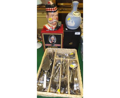 A Royal Doulton "William Grant" whisky decanter (empty), together with box, a Wedgwood blue Jasperware Glenfiddich decanter (