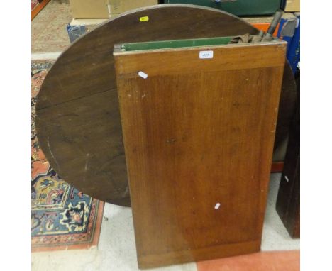 A late Victorian mahogany folding bagatelle table with cue and balls, a 19th Century circular oak table top and a bamboo fish