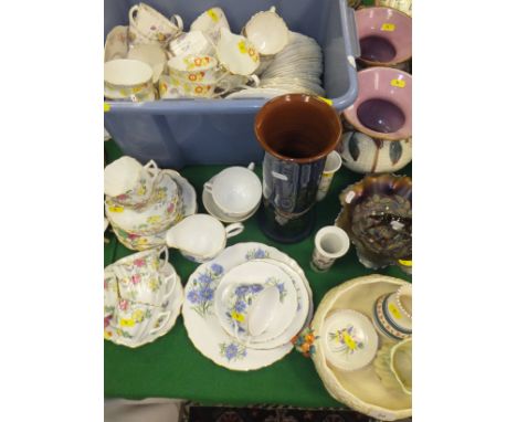 A large collection of decorative china wares and glass to include a Clarice Cliff "Harvest" design fruit bowl, a Poole potter