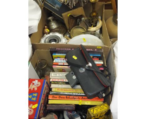 A box containing various mid 20th Century annuals, a Chinon Concorde camcorder, various games, together with a box of assorte