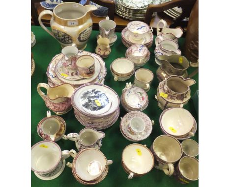A large collection of Victorian pink lustre ware, to include a large lustre ware jug depicting a sailing vessel, a collection
