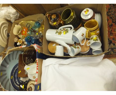 Three boxes of assorted china and glassware to include Hornsea "Bronte" and Heirloom china wares, a retro decanter, together 