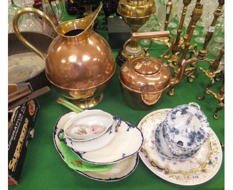 A modern copper jug, Victorian copper kettle and a quantity of china to include Royal Crown Derby plate, Beswick tomato and l