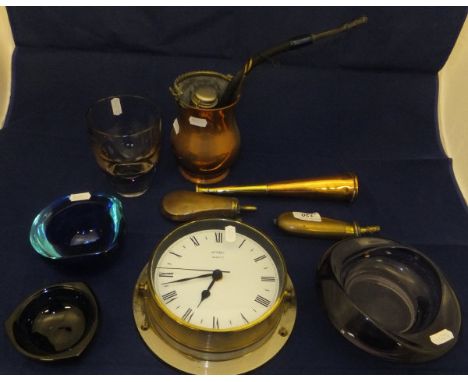 A Sykes Patent brass shot flask, another shot flask, ornamental hunting horn, warming pan, Metamec quartz ship's style wall c