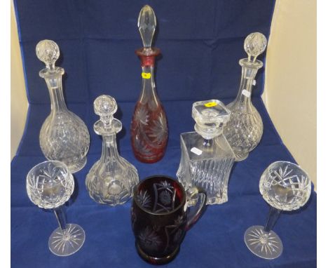 A Bohemian ruby overlaid glass mug, a ruby glass Art Nouveau style vase on a circular foot, a set of 20th Century cut glass h