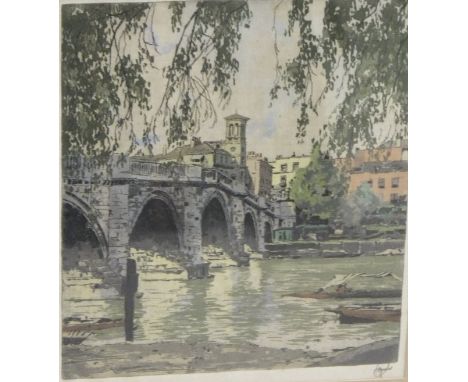 AFTER H. FIGURA "Richmond Bridge, Surrey", colour etching, together with gilt framed mirror, assorted needleworks, and variou