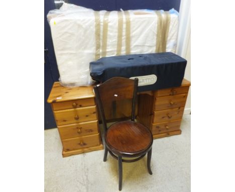 A modern pine dressing table, together with a set of four Fischel bentwood chairs, a Victorian mantel mirror frame, travel co