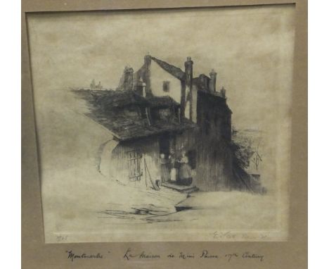 AFTER E. SCOTT "Monmartre, La Maison de Mimi Paison - 17th Century", study of cottage and two figures by a doorway, black and
