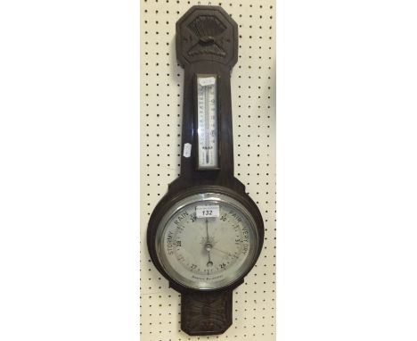 An oak cased aneroid barometer with thermometer, an electro-plated tray, part tea service, etc