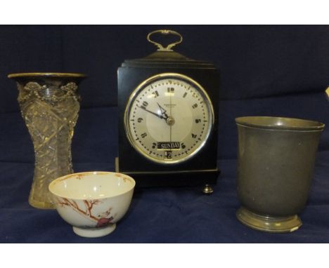 Assorted sundry items to include Chinese tea bowl, pewter cups, brass trivet, a Hammond mantel clock CONDITION REPORTS All it