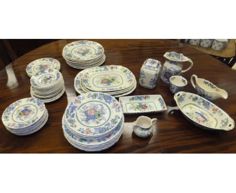 A large collection of Mason's Patent Ironstone "Strathmore" dinner and tea wares to include tea jar, jugs, platters, plates, 
