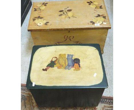 A painted pine trunk decorated with apples and ribbons, together with a further painted trunk decorated with teddy bears and 