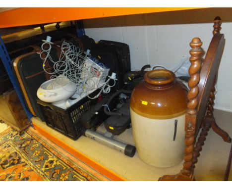 A collection of items to include Antler luggage, a step machine, a wirework jardinier / candelabra, stoneware jar, toilet mir