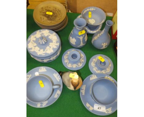 A collection of Wedgwood and other blue Jasperware, to include dressing table jar and cover, cups and saucers, candlesticks, 