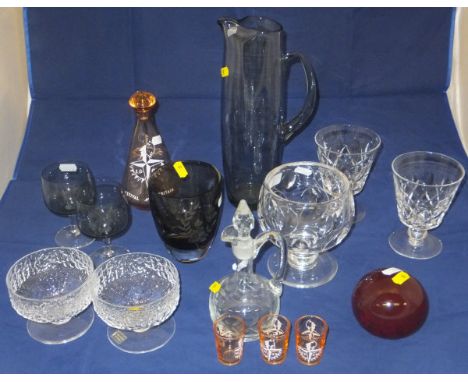 Assorted glassware to include Festival of Britain liqueur set, decanter and three shot glasses, a water jug and vinegar jug, 