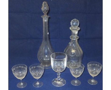 A glass decanter with facet cut sides, another glass decanter, together with assorted glass drinking vessels