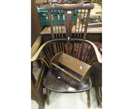 A 19th Century beech, elm and ash open elbow chair with spindle back and solid vase shaped splat, on turned legs united by a 