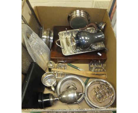 A box of assorted plated wares to include three section stand with grille base, three toast racks, two pairs of coasters, a f