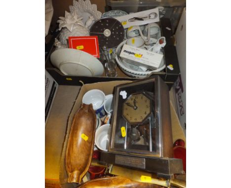 Two boxes of assorted china to include pottery cups and saucers, an early 20th Century mantel clock inscribed "Bulle Olympic"