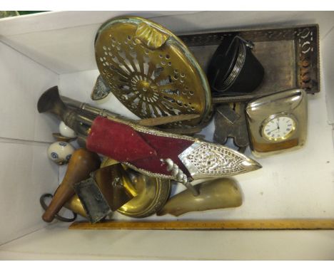 A box of sundry metal wares to include a pierced trivet, miniature decorative kukri in white metal mounts, horn corkscrew, ma