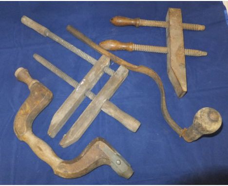 Assorted wooden tools to include clamps, drills, etc
