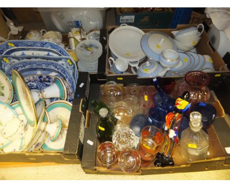 Five boxes of assorted china wares to include blue and white platters, Victorian comport, Mason's Regency tea wares and a Dou