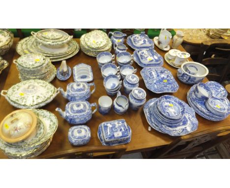 A collection of Spode "Italian" pattern table wares and tea wares to include two teapots, platter, cups, saucers, covered jar