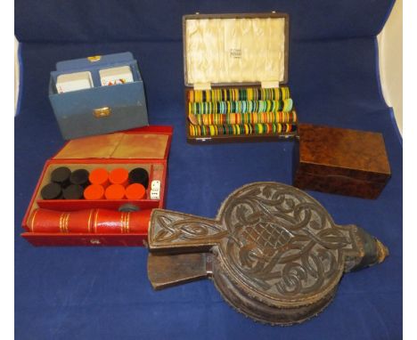 A collection of various games to include various cards, backgammon, Bezique set with silver clasp, dominoes, pair of carved b