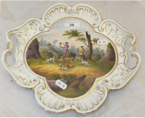 A Meissen porcelain twin-handled tray of scalloped form, painted with a hunting scene CONDITION REPORTS Bears impressed mark 