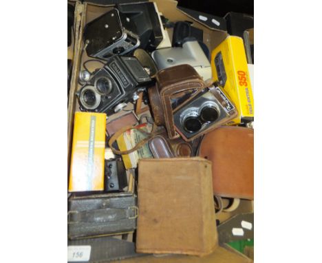A box containing a collection of vintage TLR, folding and box cameras, together with various Polaroid cameras, etc, to includ