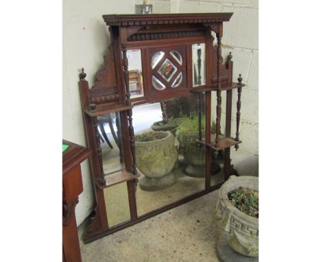 EDWARDIAN WALNUT OVERMANTEL MIRROR WITH OPEN SHELF WITH TURNED SUPPORTS 