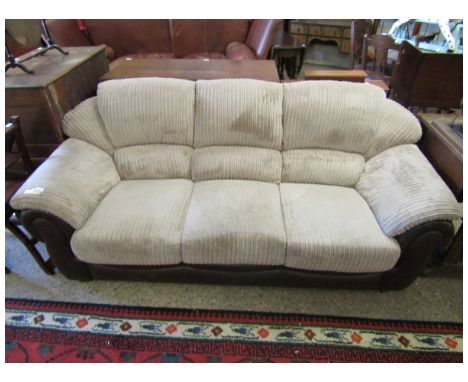 BROWN LEATHER AND CORDUROY UPHOLSTERED THREE-SEATER SOFA 