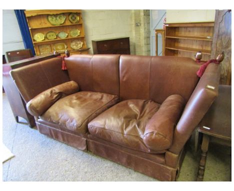 GOOD QUALITY LARGE PROPORTION CHOCOLATE LEATHER KNOLE END SOFA (A/F) 