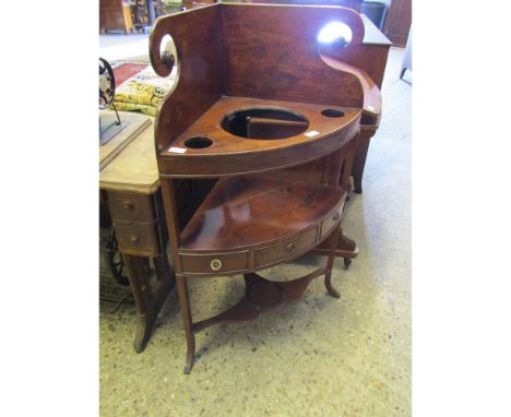 LATE 18TH CENTURY MAHOGANY TWO-TIER CORNER WASH STAND, SCROLL PEDIMENT OVER A FITTED UPPER SHELF, CENTRAL SHELF WITH THREE DR