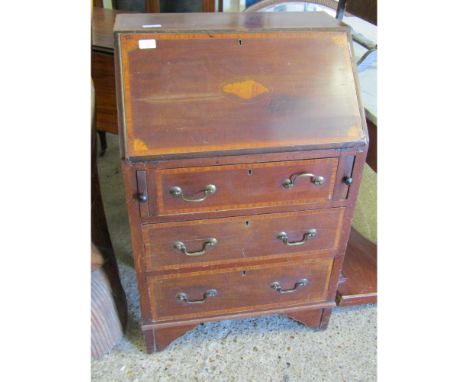SMALL PROPORTIONED EDWARDIAN MAHOGANY AND SATINWOOD INLAID BUREAU FITTED WITH THREE FULL WIDTH DRAWERS RAISED ON BRACKET FEET
