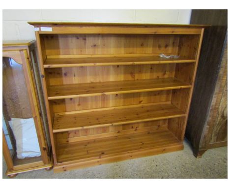 STAINED PINE FRAMED OPEN FRONTED THREE FIXED SHELF BOOKCASE WITH PANEL BACK 