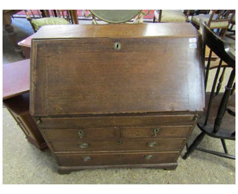 18TH CENTURY OAK BUREAU, FALL FRONT ENCLOSING PARTIALLY FITTED INTERIOR WITH WELL OVER TWO SHORT AND TWO FULL WIDTH DRAWERS O