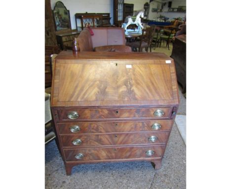 Early 19th century mahogany bureau, fall front enclosing a fitted interior, four graduated full width drawers below on bracke