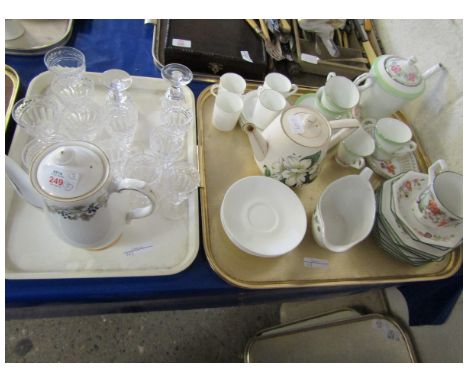 TWO TRAYS CONTAINING TEA WARES, DELPHINE CONICAL FLOWER TEA POT, CUPS, SAUCERS, STUART GLASS WARES ETC 