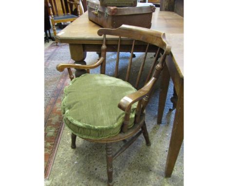 BEECHWOOD FRAMED STICK BACK CIRCULAR HARD SEATED ARMCHAIR WITH GREEN UPHOLSTERY 