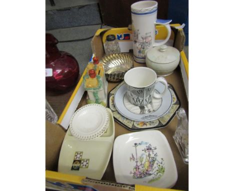 TRAY CONTAINING WADE EMETTS SMALL DISHES, STAFFORDSHIRE MONEY BOX, PLATES ETC 