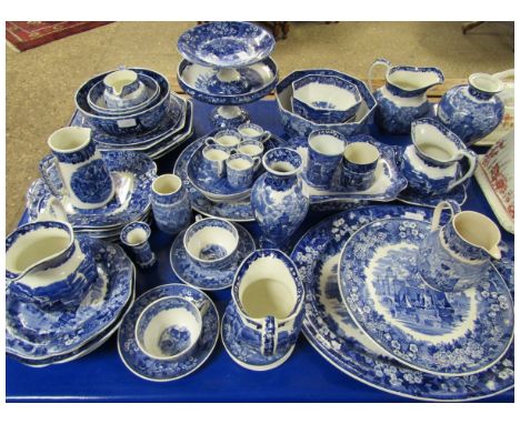 LARGE QUANTITY OF WEDGWOOD FERRARA BLUE PRINTED WARES TO INCLUDE DESSERT SETS, PEDESTAL BOWLS, CUPS, SAUCERS, VASES, JUGS ETC