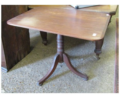 GOOD QUALITY ELM RECTANGULAR TILT TOP TABLE ON A TURNED COLUMN AND A TRIPOD BASE 