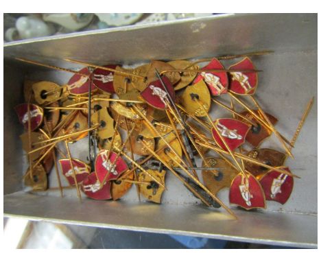 BOX CONTAINING MIXED SHIELD ENAMEL PIN BADGES 