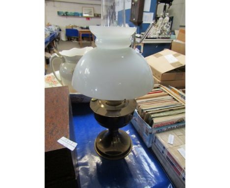 BRASS OIL LAMP WITH OPAQUE SHADE 